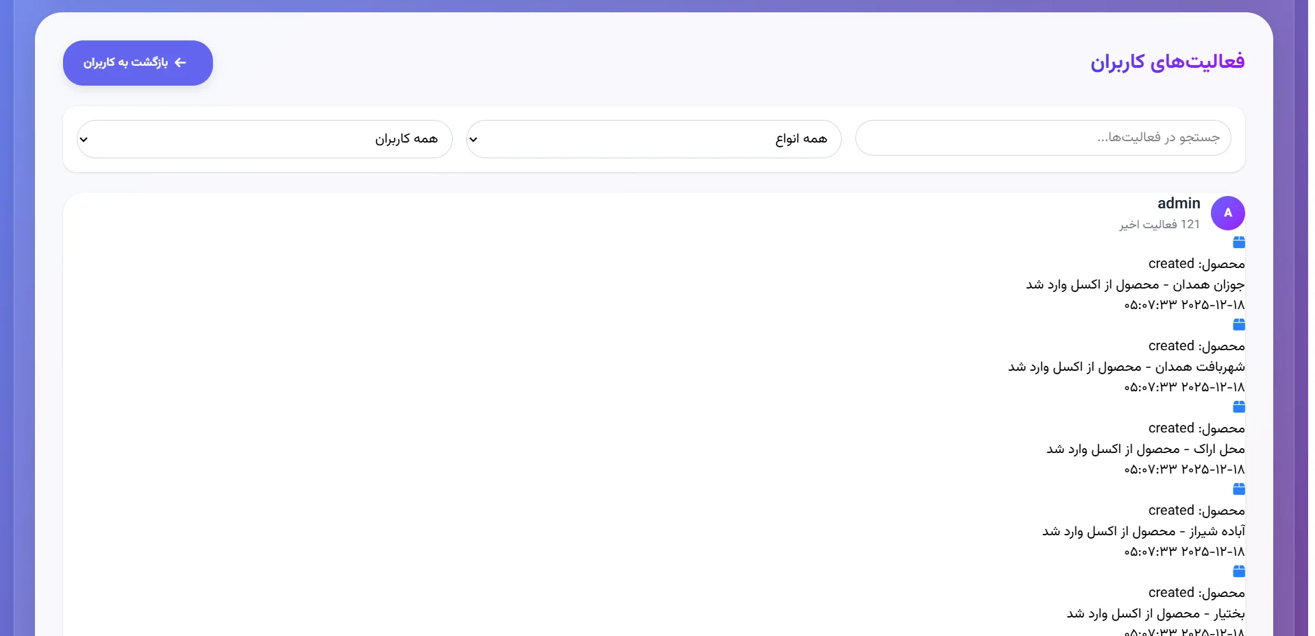 فهرست فعالیتهای کاربر مدیر با نوع عمل، شرح و زمان